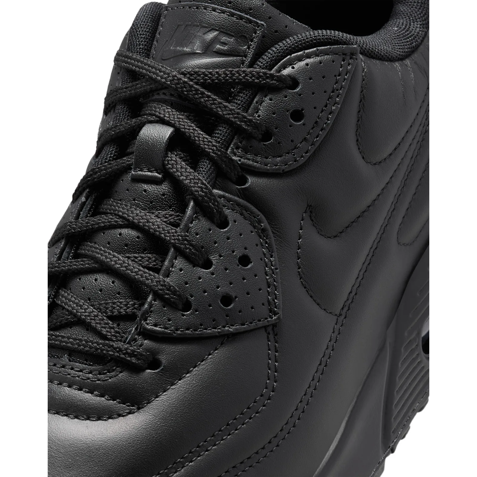 Detail of the lace area, black laces, perforated toe overlays and stitched swoosh on black leather, Black Leather