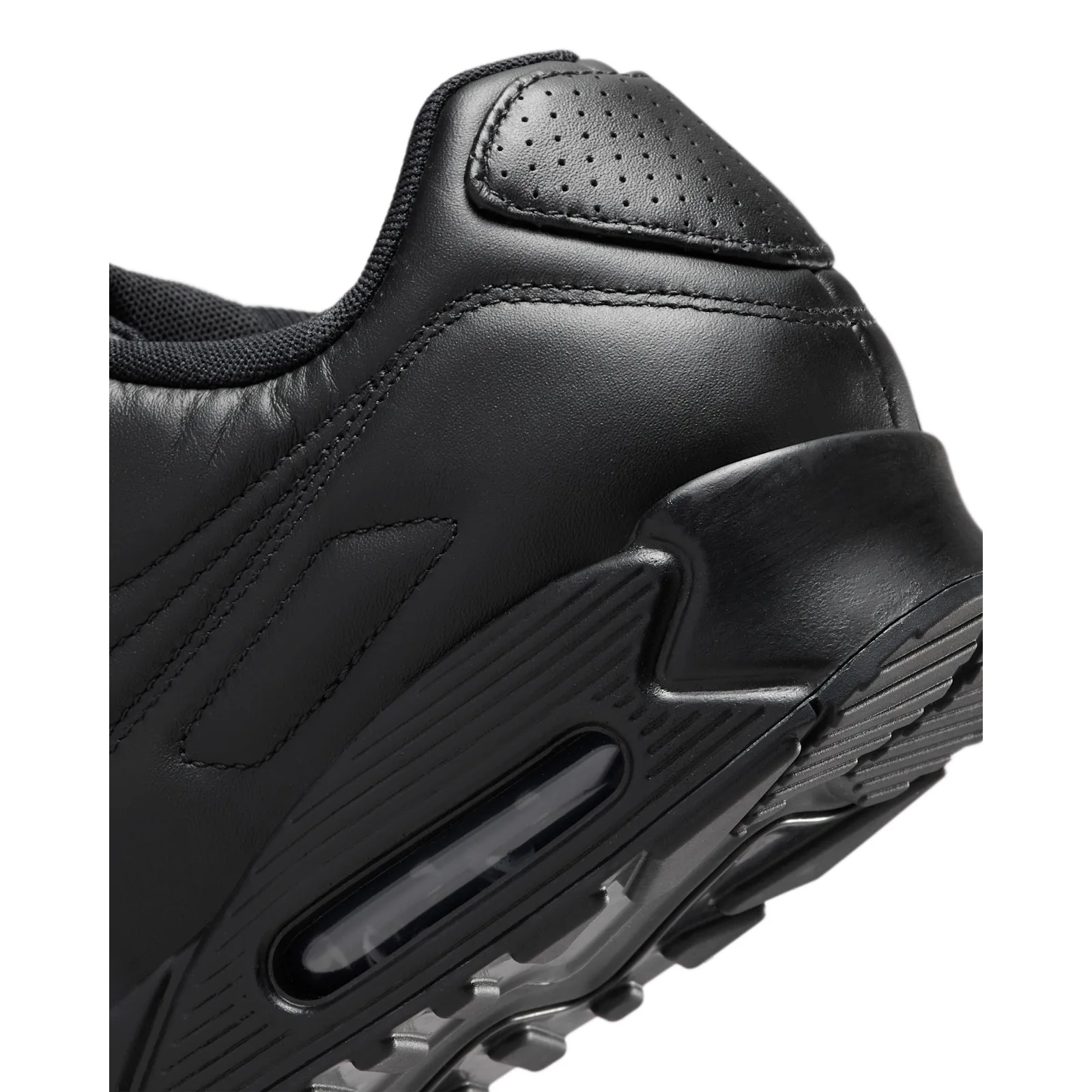 Detail of the heel, perforated black leather tab, stitching and the clear air window, Black Leather