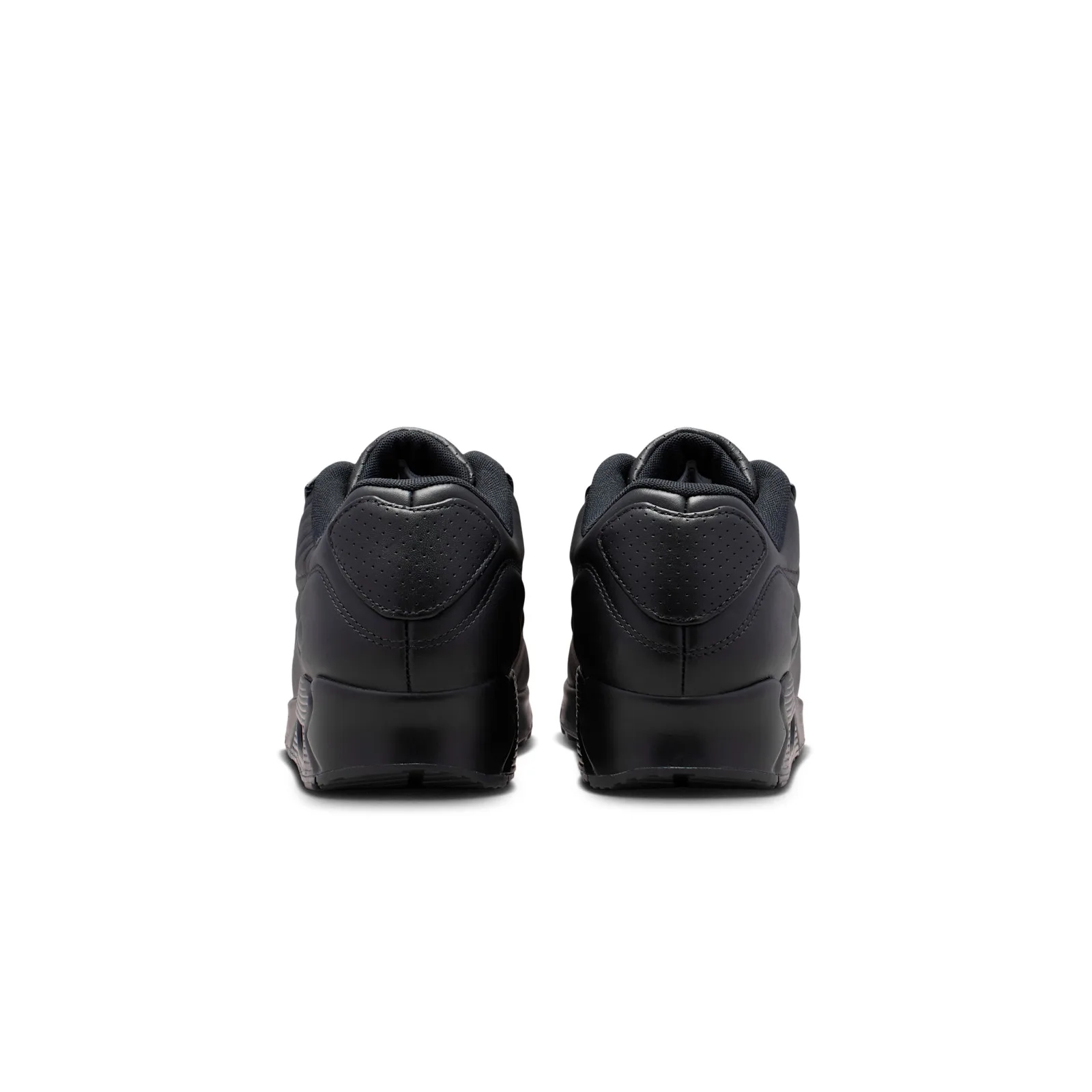 Heel view of the pair, black leather with perforated heel tabs and black midsoles, Black Leather