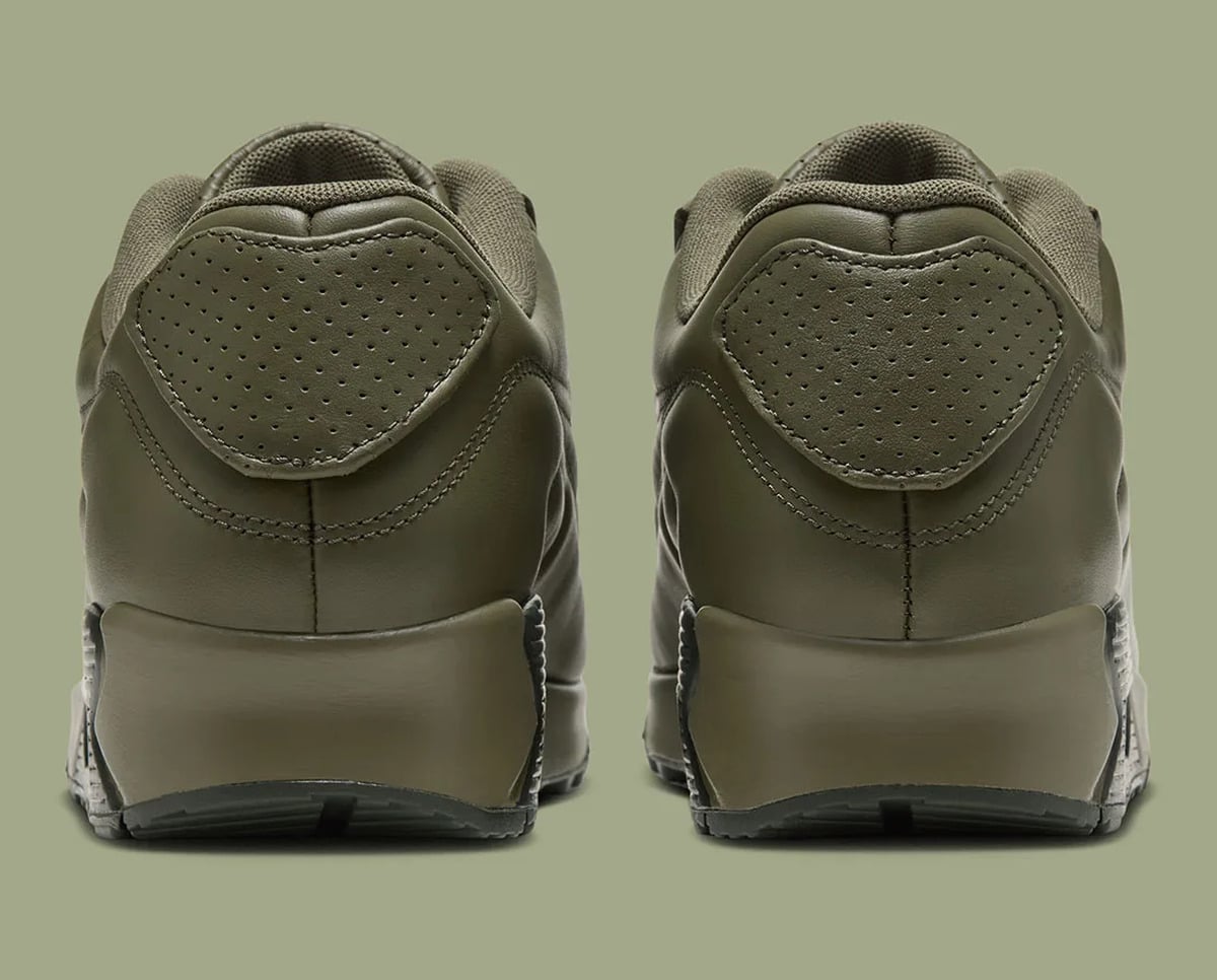 Heel view of pair, olive leather with perforated heel tabs and dark lower heel edge, Medium Olive