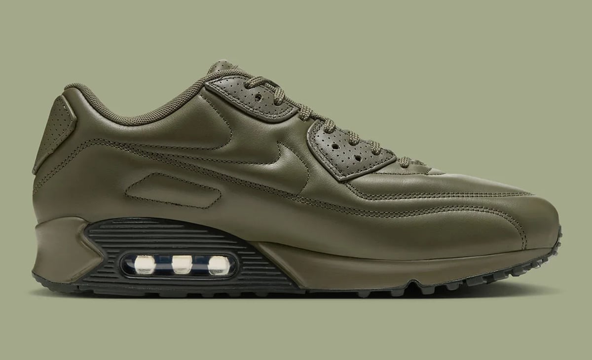 Medial view, olive leather upper with tonal swoosh and visible heel Air window on green, Medium Olive