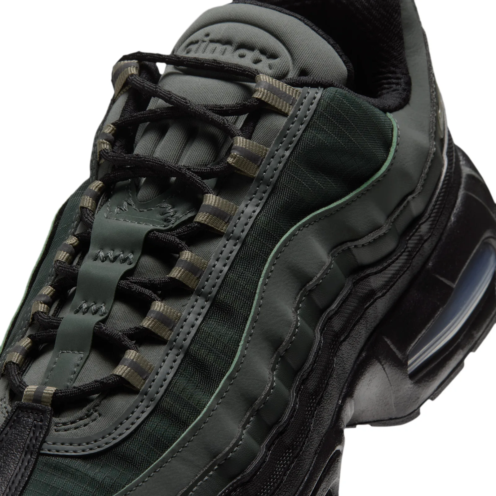 Lacing detail, black laces, olive eyelet tape and airmax tongue on dark green ripstop, Camo Green
