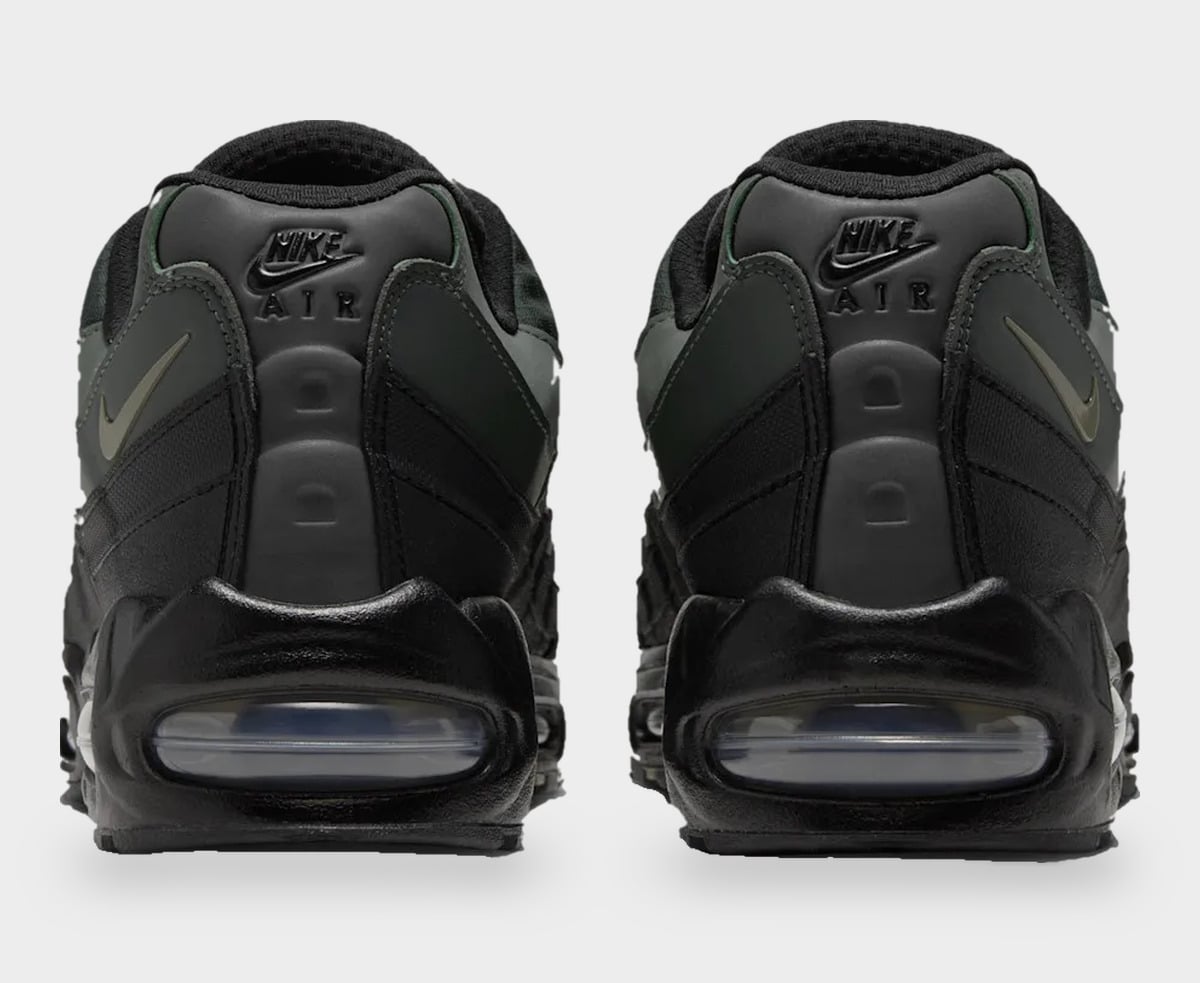 Pair, heel view, Nike Air heel tabs, olive swooshes and clear air bubbles, Camo Green