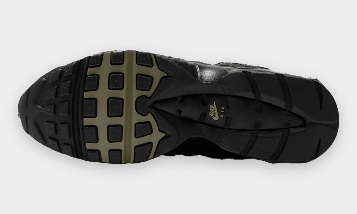 Outsole, black rubber with olive centre stripe and small Nike Air logo, Camo Green