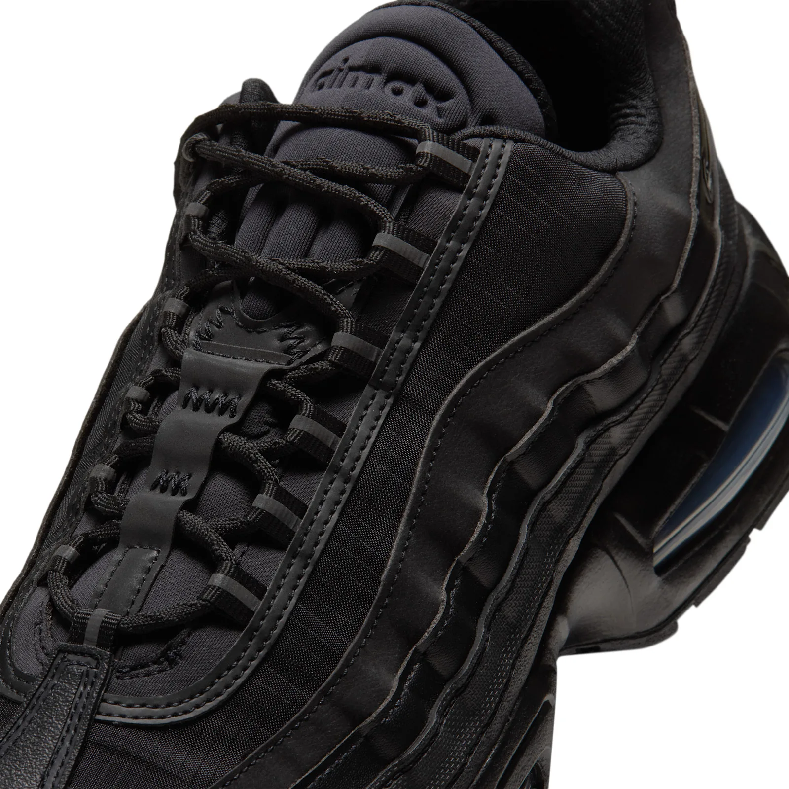 close-up of laces and tongue, Air Max sockliner text, ripstop nylon panels, Triple Black
