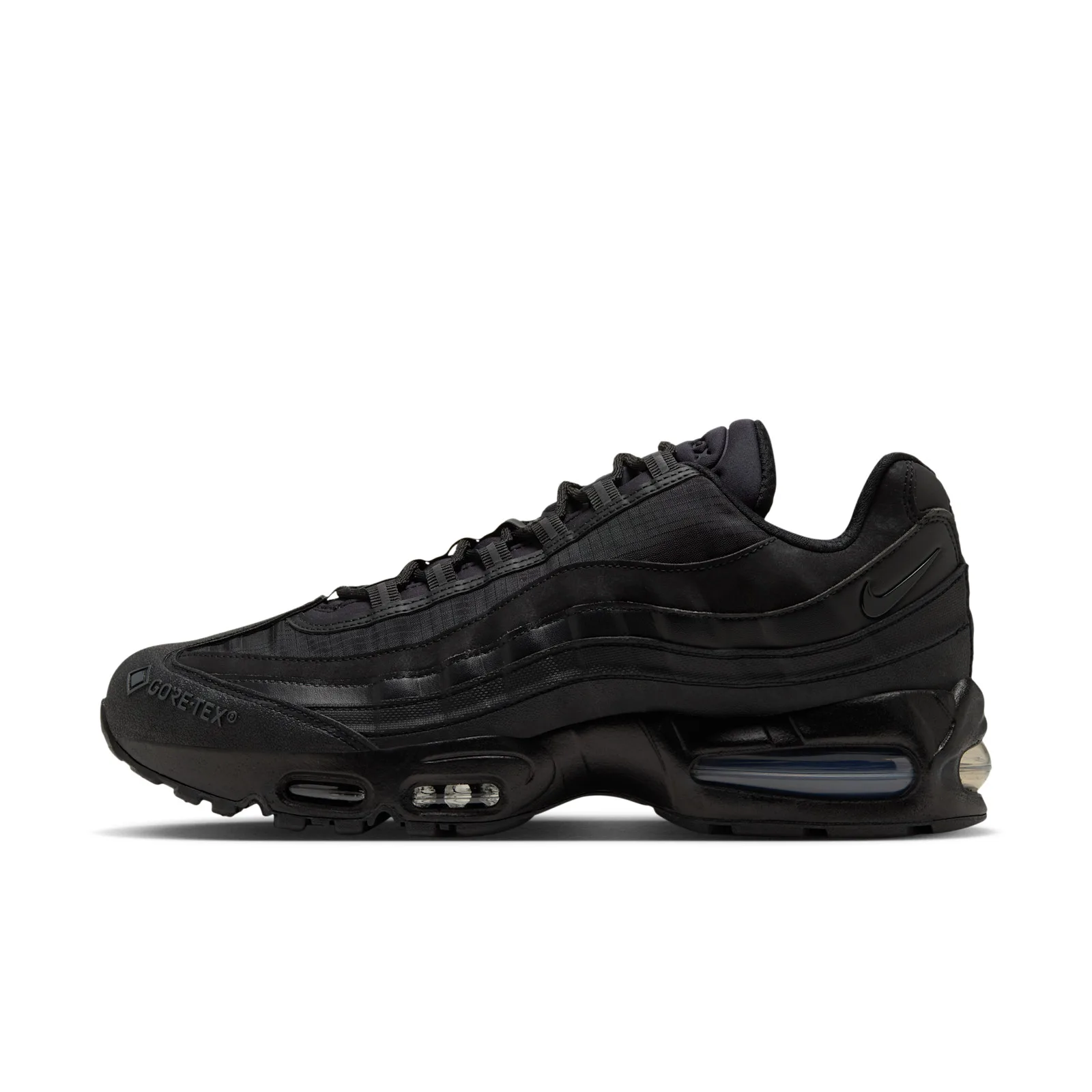 lateral side, white background, Gore-Tex text on toe, navy air bubble at heel, Triple Black