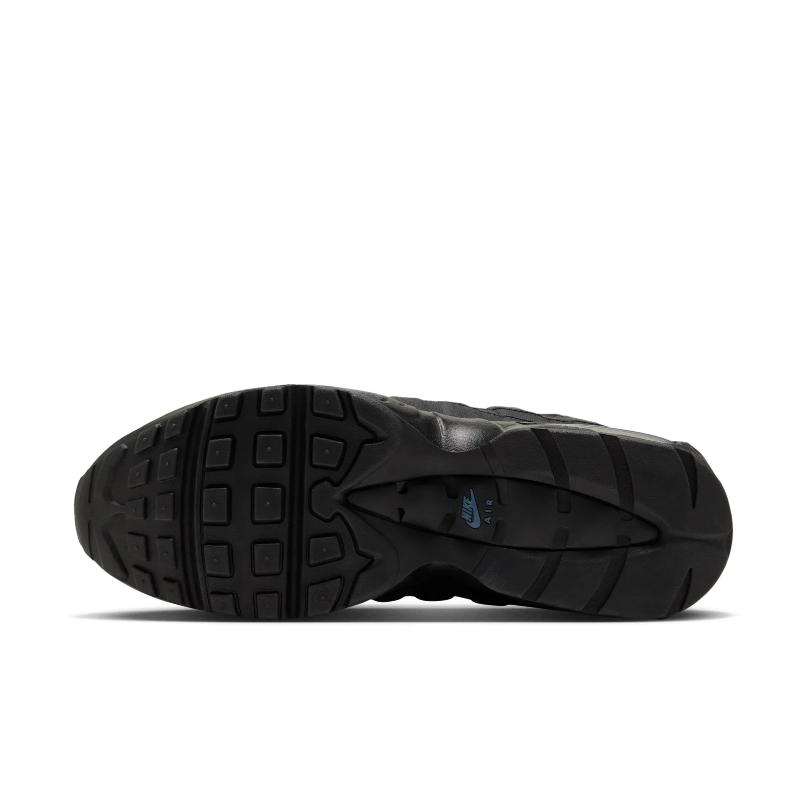 outsole view, white background, waffle tread, Nike Air text, blue accent, Triple Black
