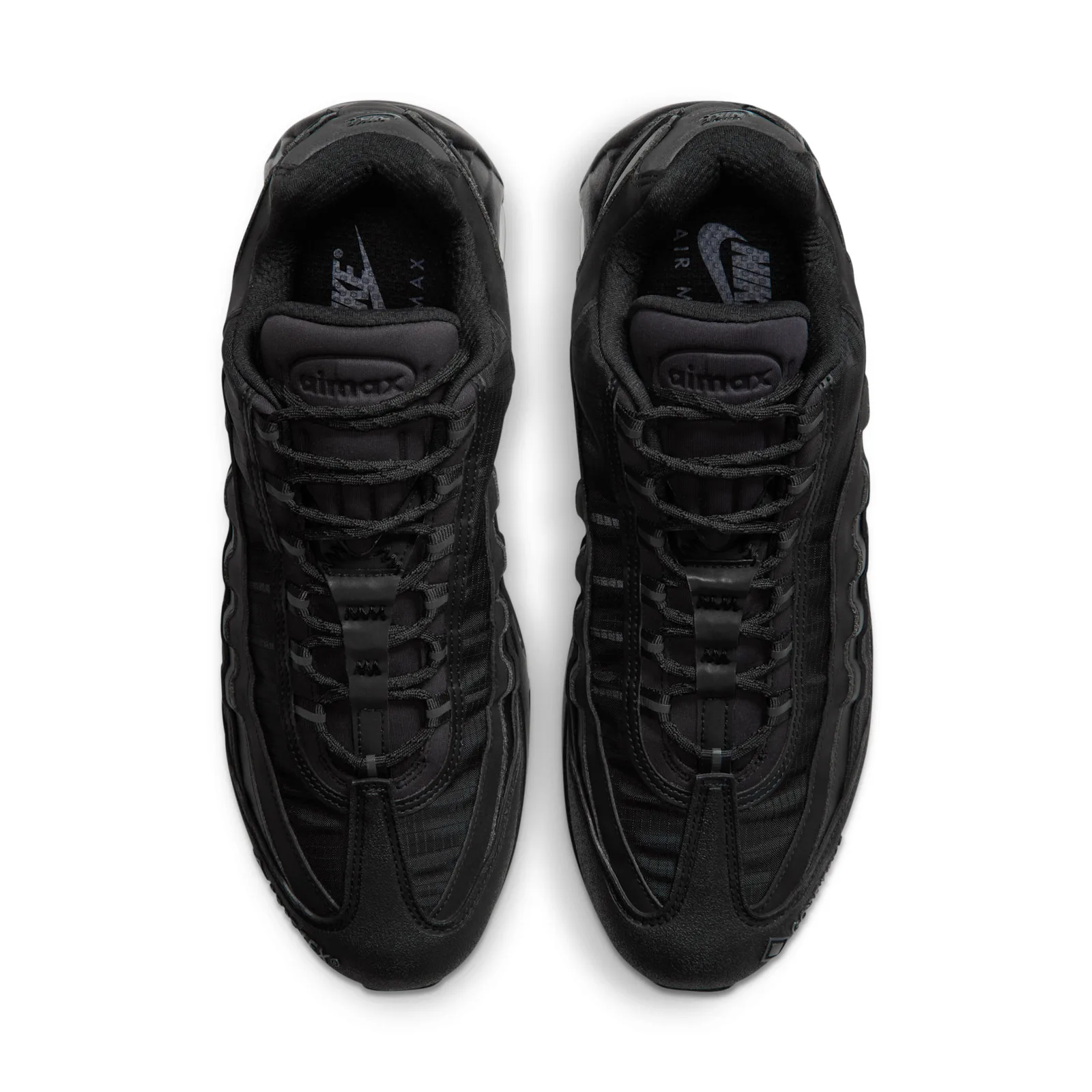 top-down view of pair, white background, laces and Air Max sockliner text, Triple Black