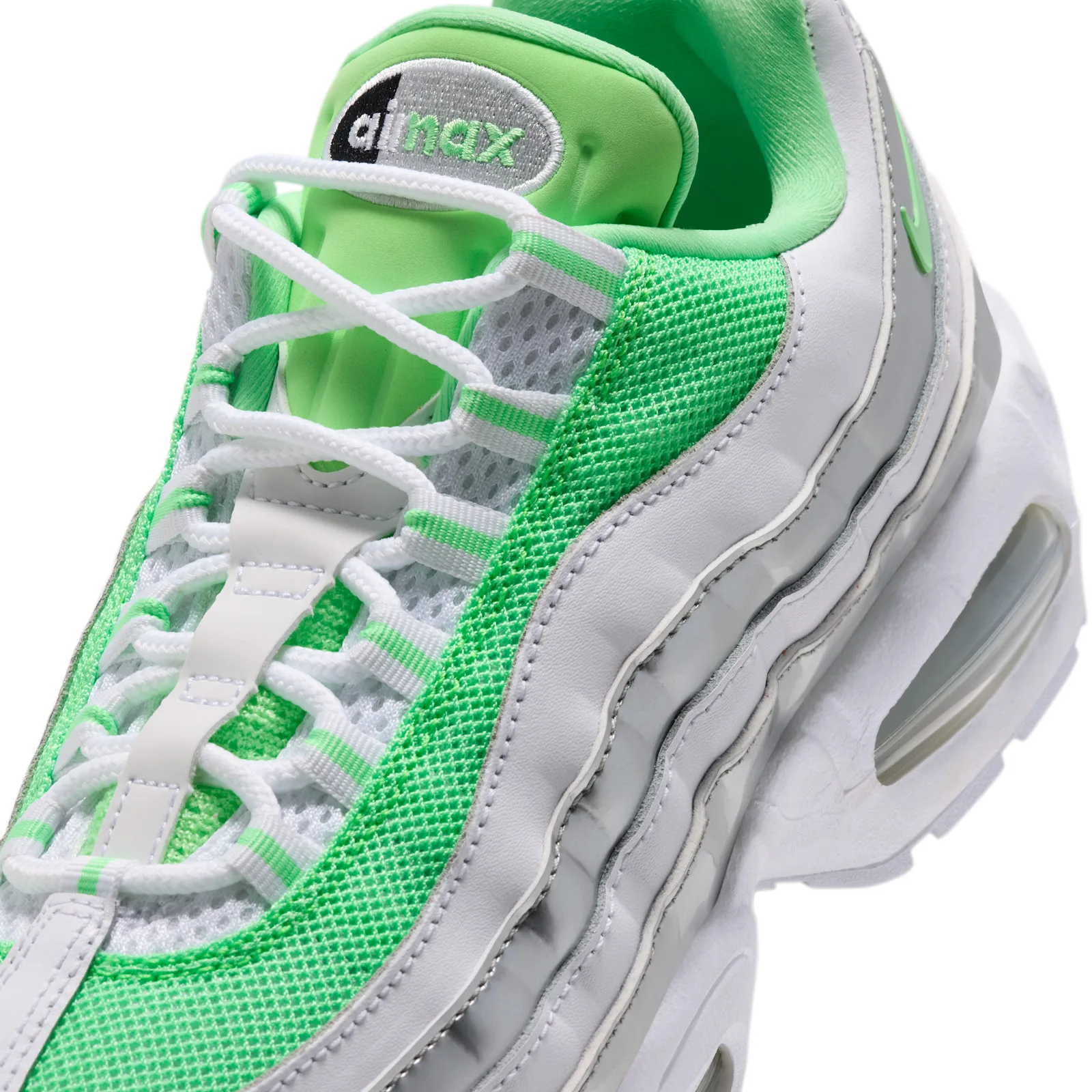 Detail of laces and tongue with airmax label, green mesh and silver overlays, Illusion Green
