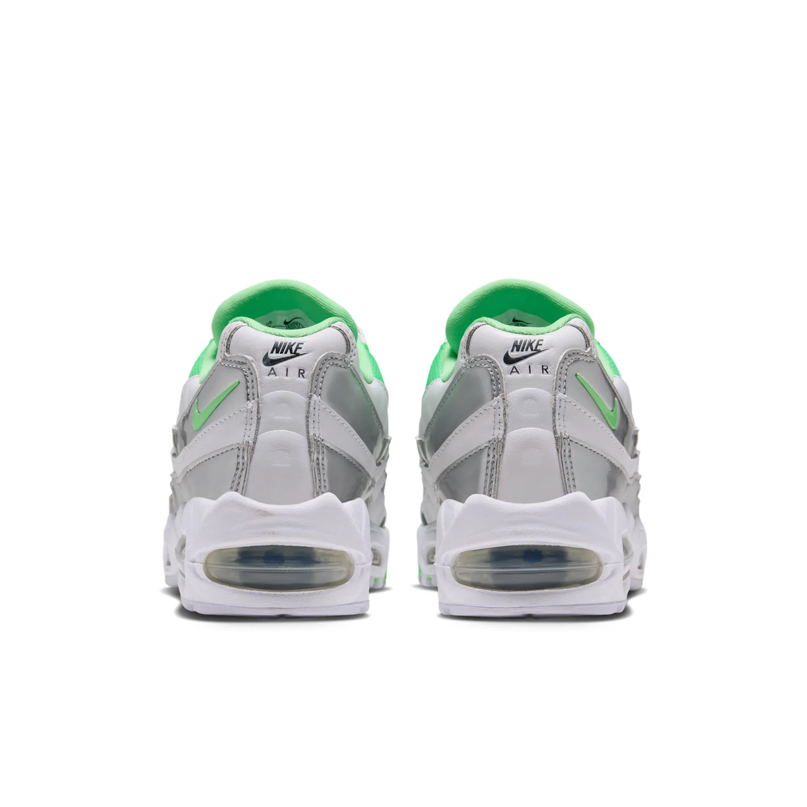 Heel view of pair with Nike Air tabs, green swooshes and clear heel air units, Illusion Green
