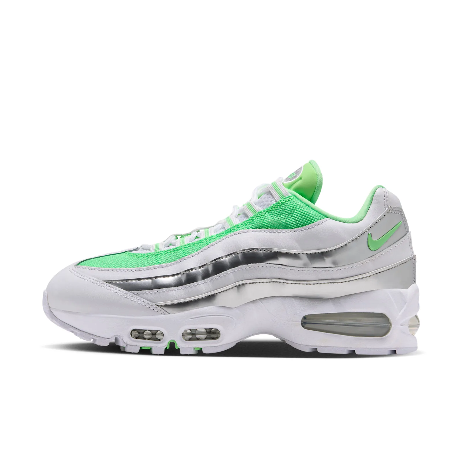 Lateral view with neon green mesh, silver metallic stripes and white leather, Illusion Green