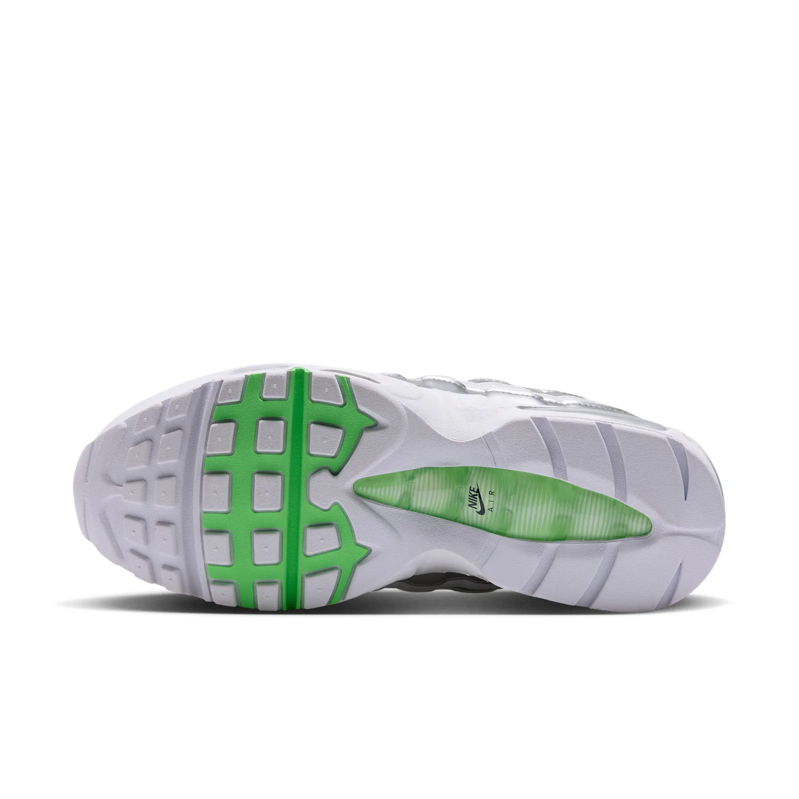 Outsole view with green rubber pods, white sole and green Nike Air heel unit, Illusion Green