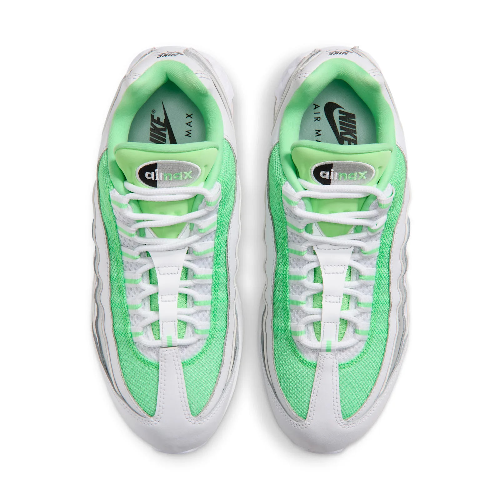 Top-down view of pair with white laces, green mesh and airmax tongue labels, Illusion Green