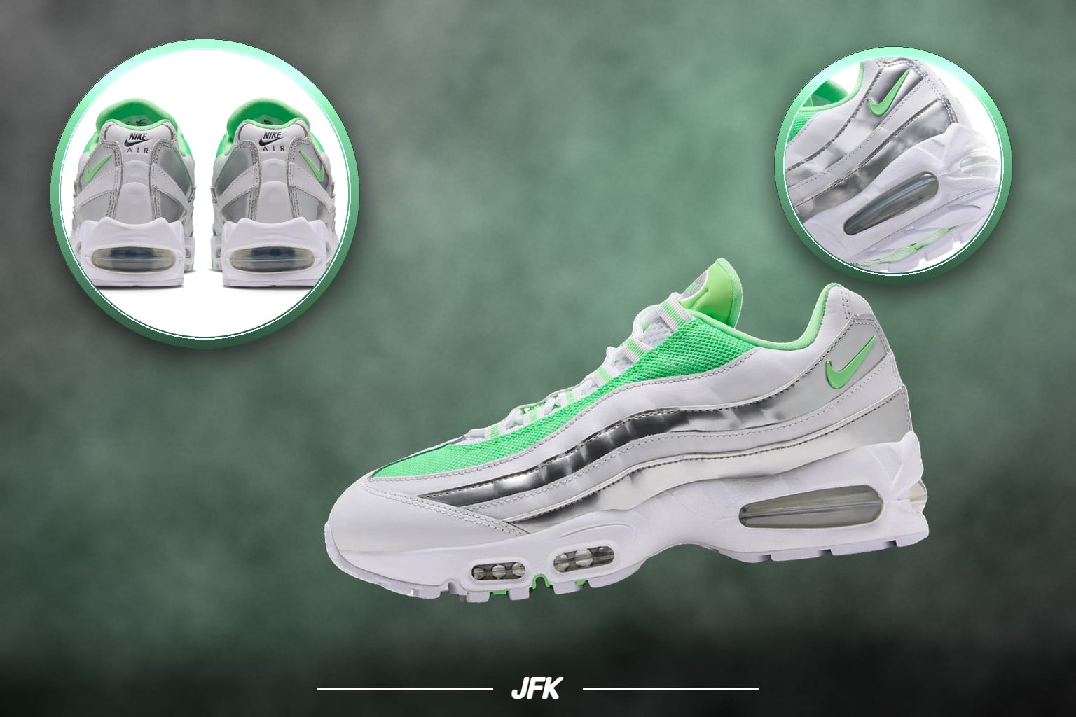 Lateral shoe on green smoky backdrop with two heel inset circles and JFK logo, Nike Air Max 95 “Illusion Green”