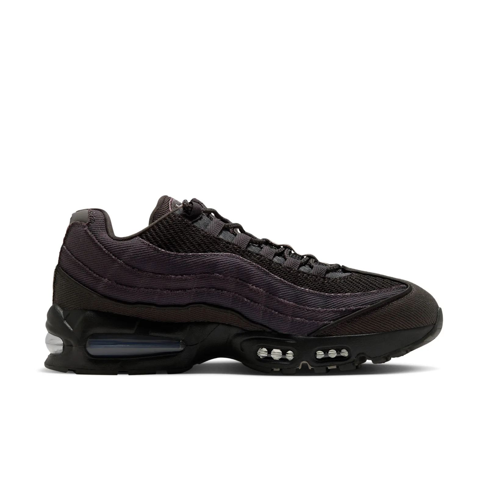 Medial view on white, dark layered twill and mesh upper, black midsole with small air windows, Medium Ash