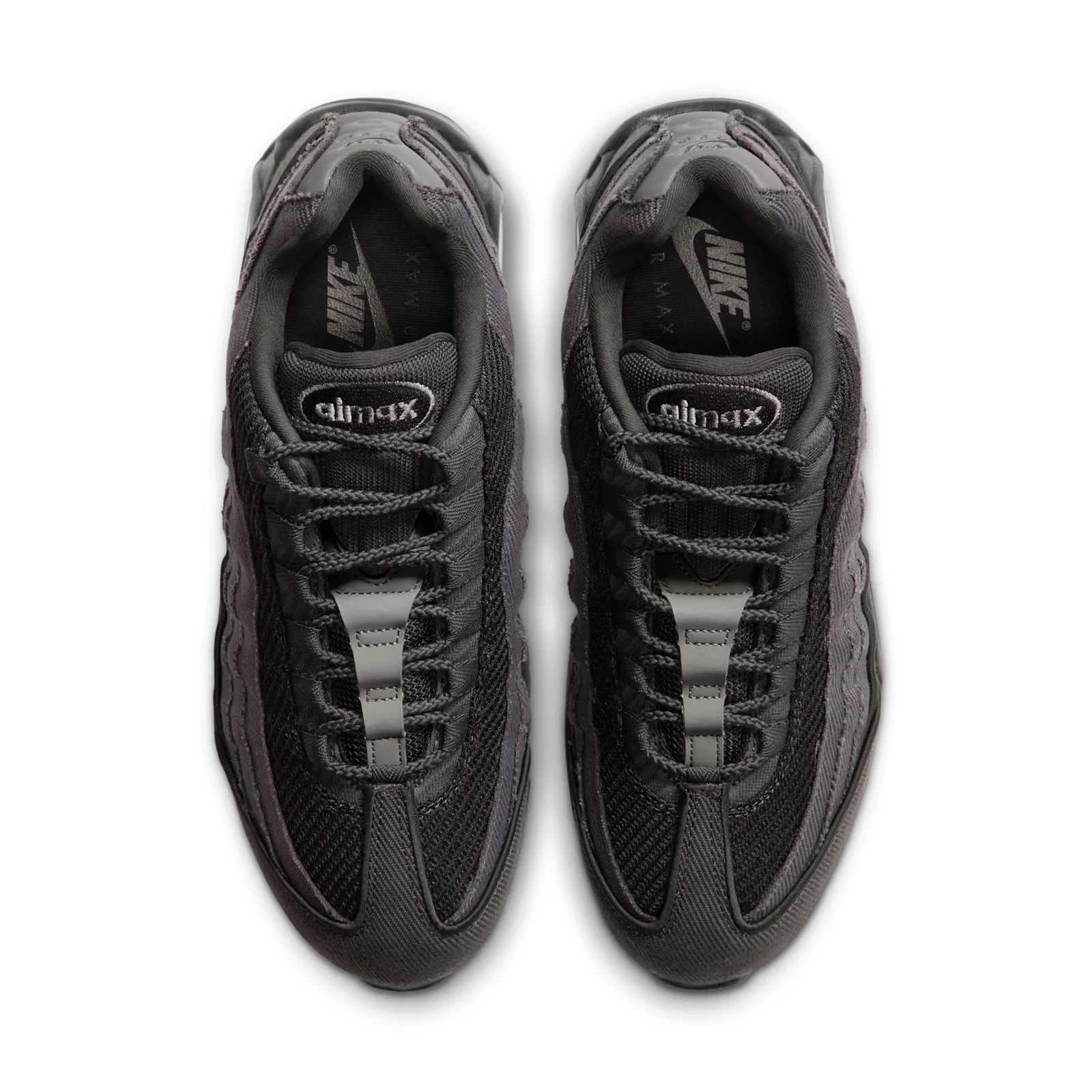 Top-down view of the pair, dark laces, grey lace cage and 'airmax' tongue labels, Medium Ash