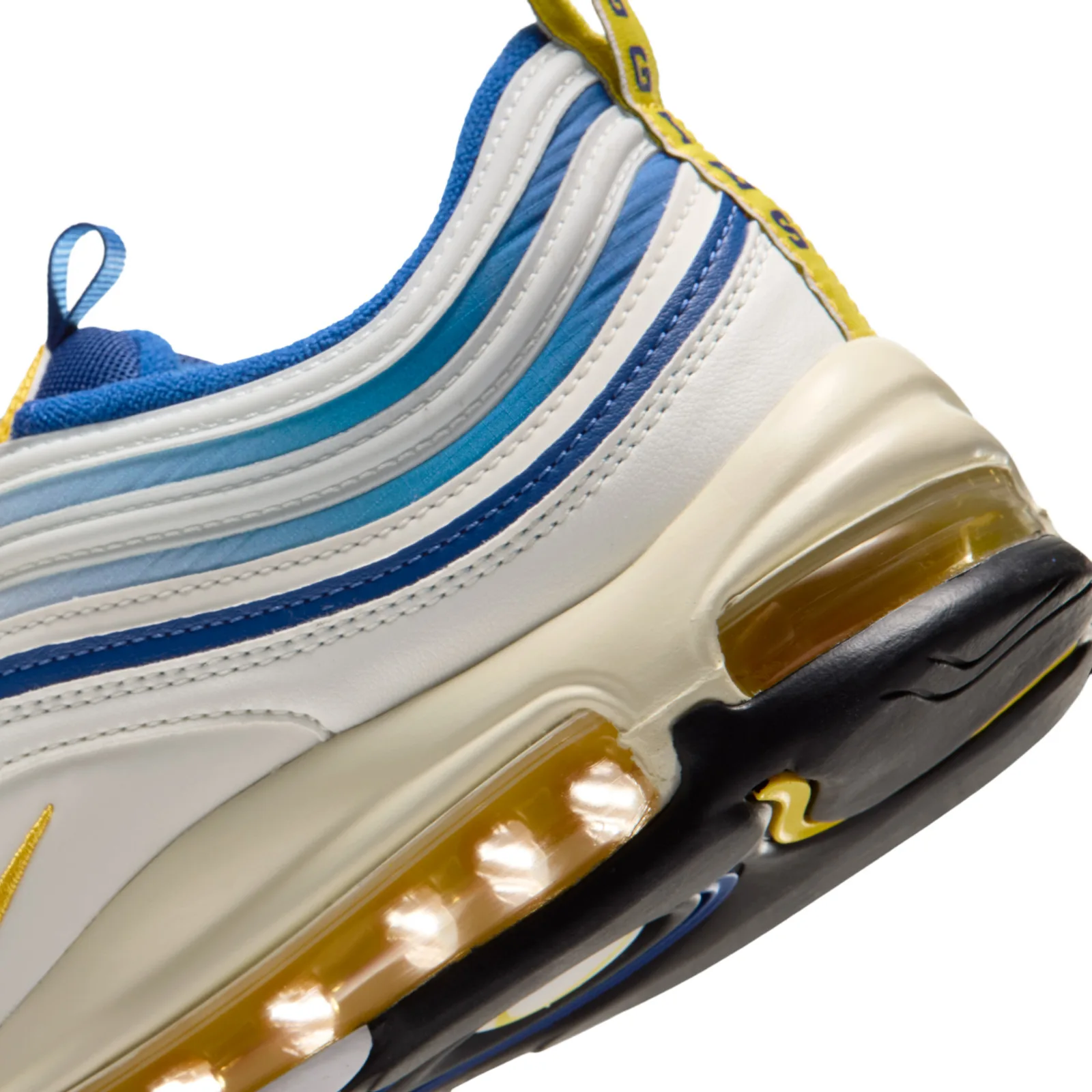 Heel detail with blue and white layers above a yellow-tinted Air unit, NC A&T