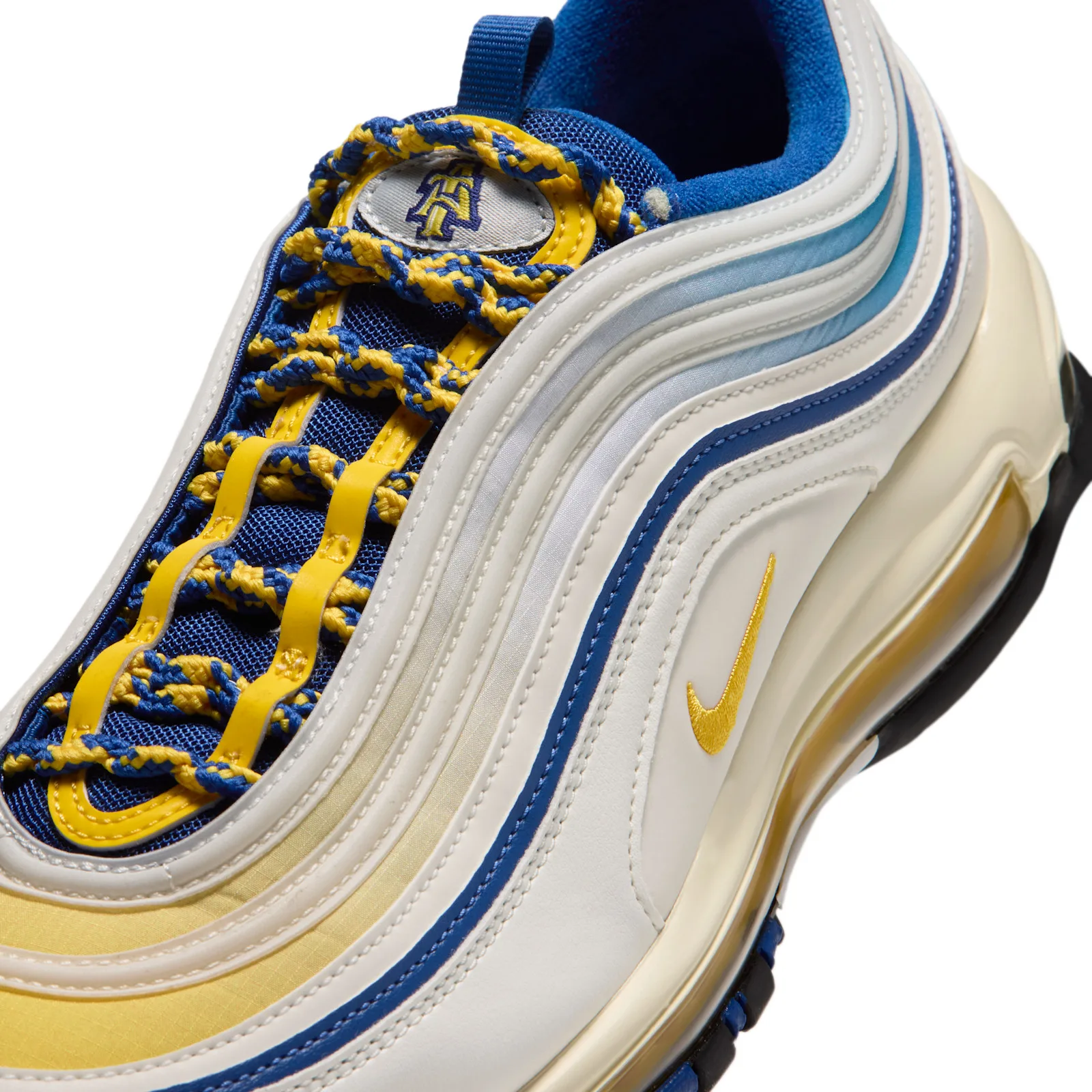 Upper detail with blue and yellow rope laces and a yellow side Swoosh, NC A&T