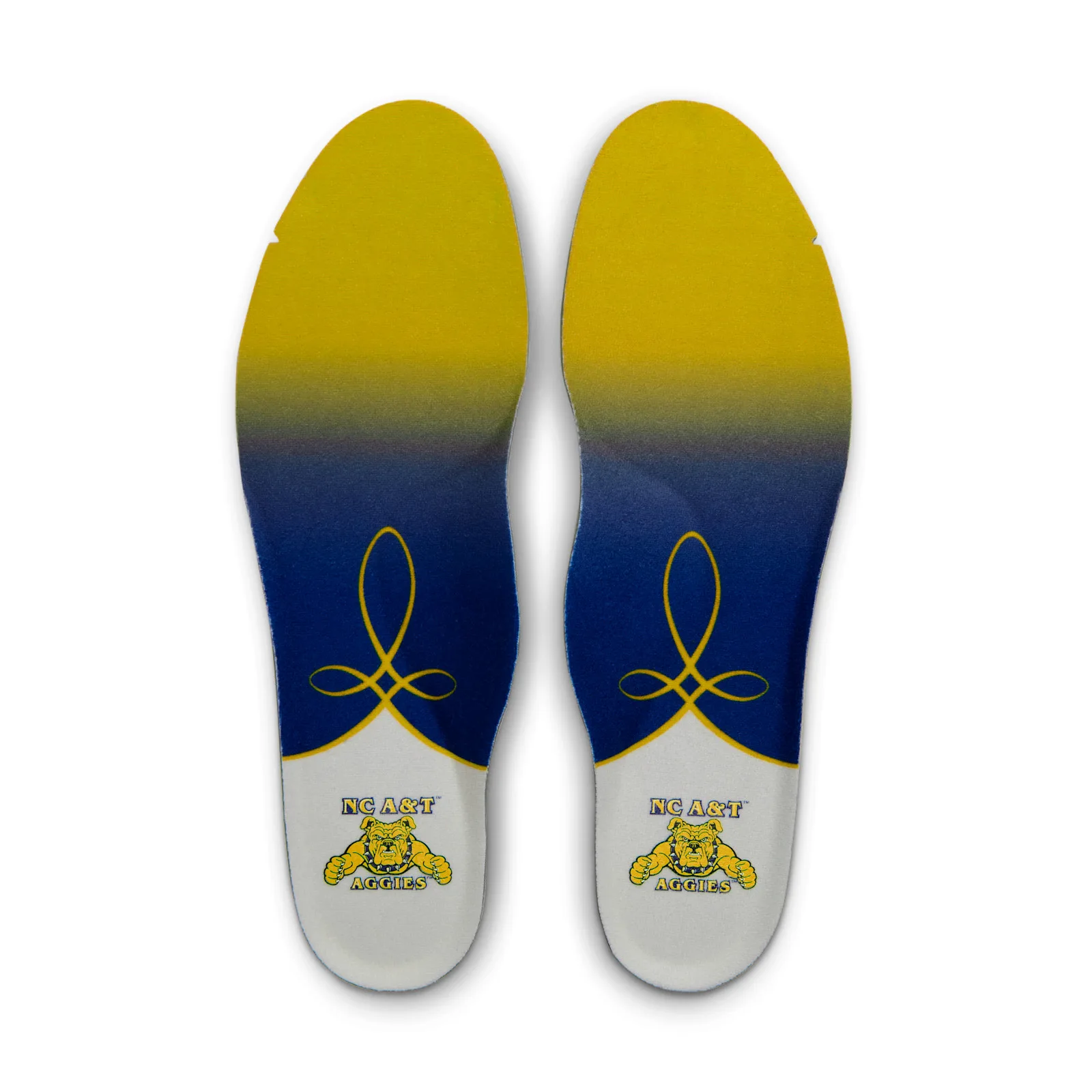 Insole pair with yellow-to-blue gradients and NC A&T Aggies logos, NC A&T