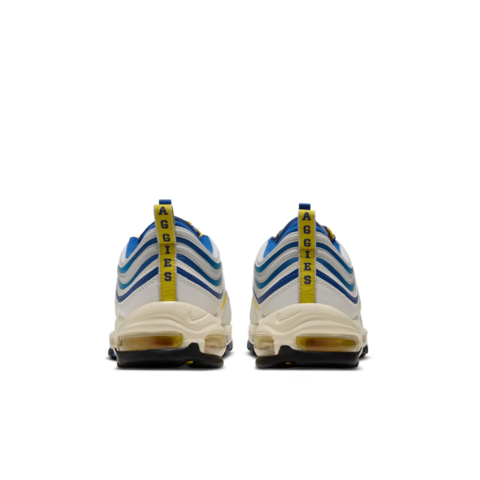 Heel view of pair with yellow tabs reading AGGIES in blue, NC A&T