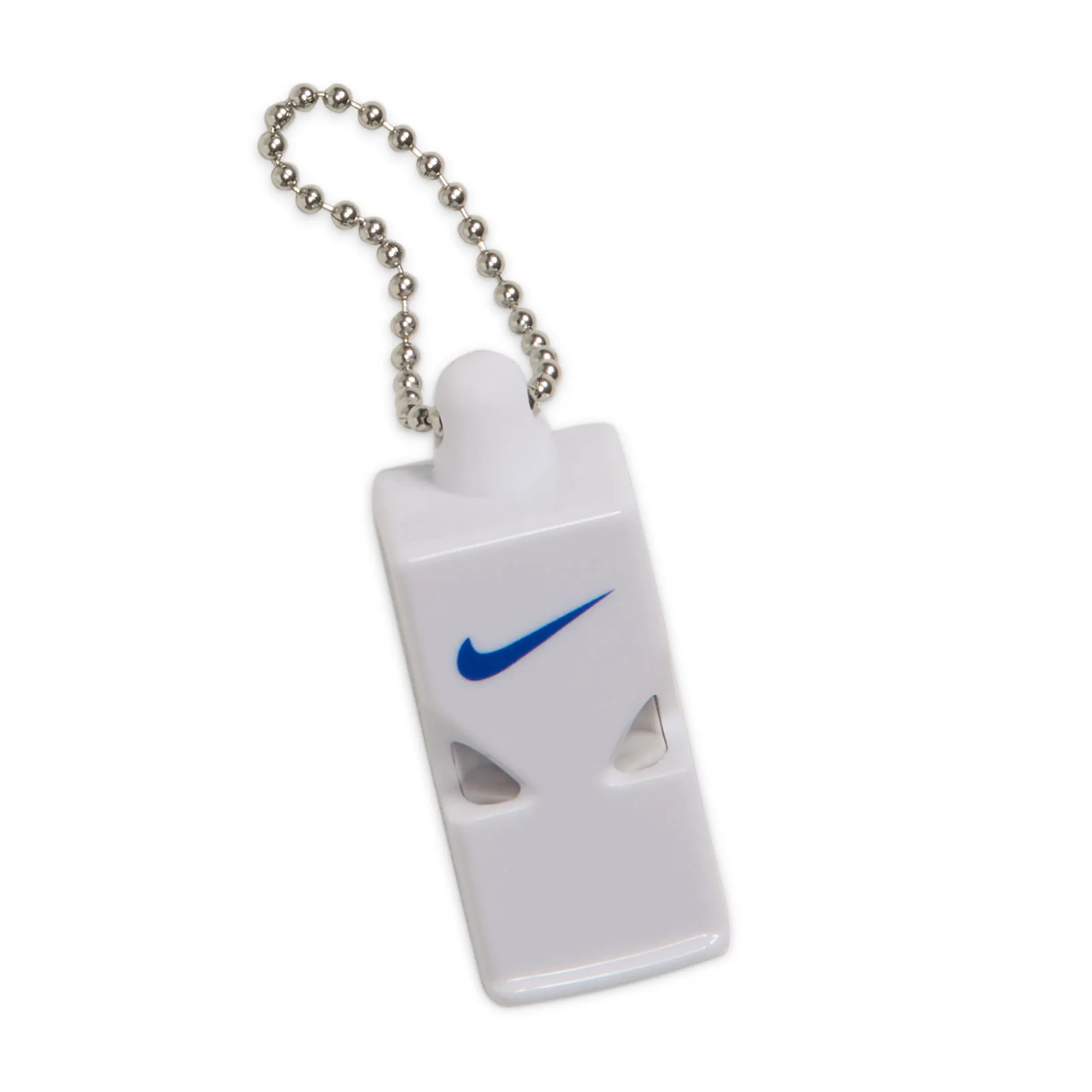 Detail of a white whistle with a blue Swoosh and silver ball chain, NC A&T