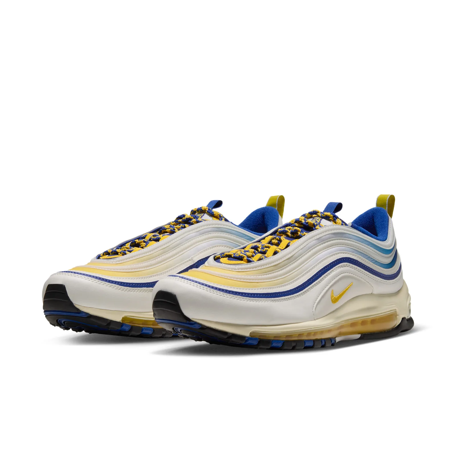 Pair at a front angle with white overlays and blue and yellow rope laces, NC A&T