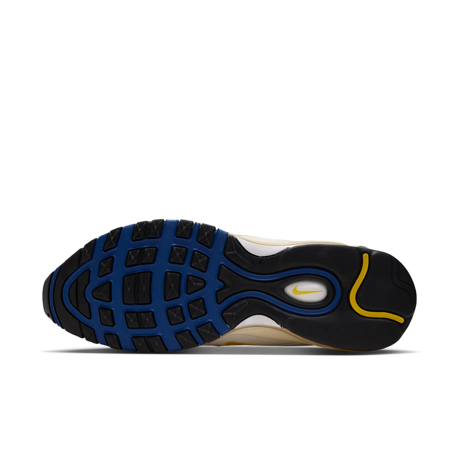 Outsole view with black tread, blue channels and a yellow Swoosh, NC A&T
