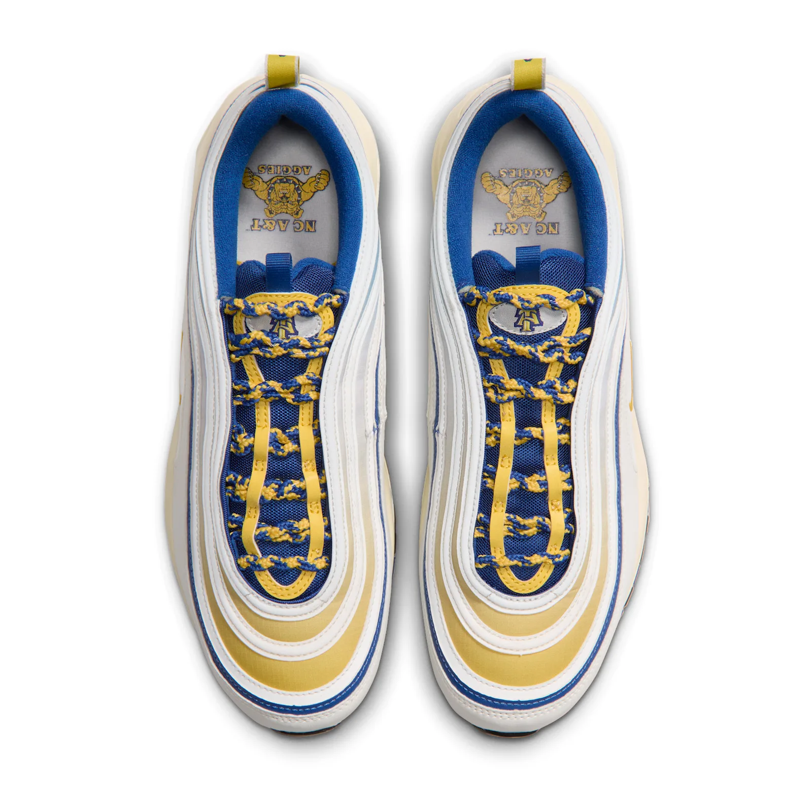 Top-down pair with blue and yellow laces and NC A&T insole logos, NC A&T