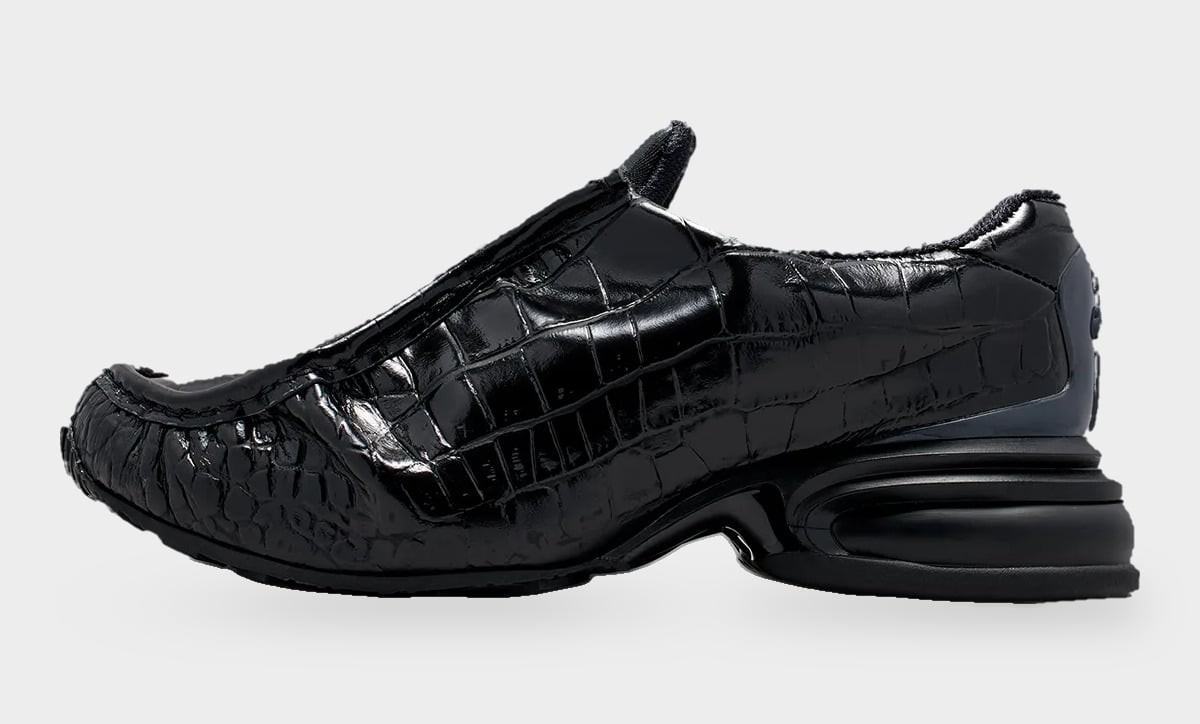 Lateral view of glossy black croc-embossed slip-on with tall black heel unit, Pearl Pink