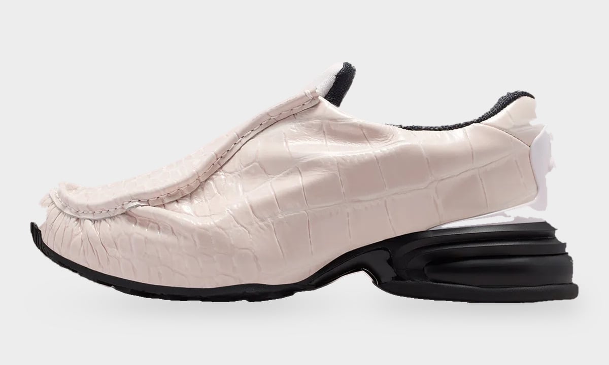 Medial view of pale pink croc-embossed slip-on with black chunky heel unit, Pearl Pink