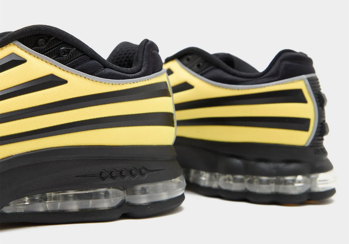 Heel detail of pair, yellow uppers with black stripes, grey trim and clear air units, Citron