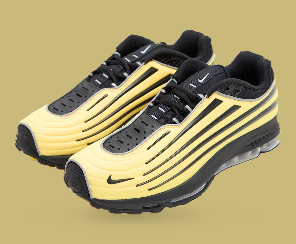 Pair from the toe side, yellow ridged toe boxes, black swoosh and mesh-like black tongue, Citron