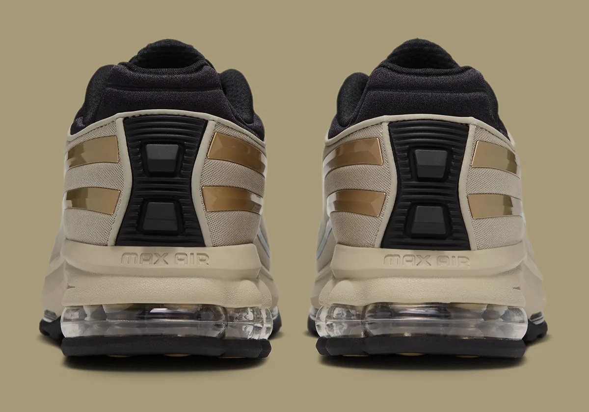 Heel view of pair on olive, black heel panels, gold accents, Max Air text above clear air units, Desert Khaki
