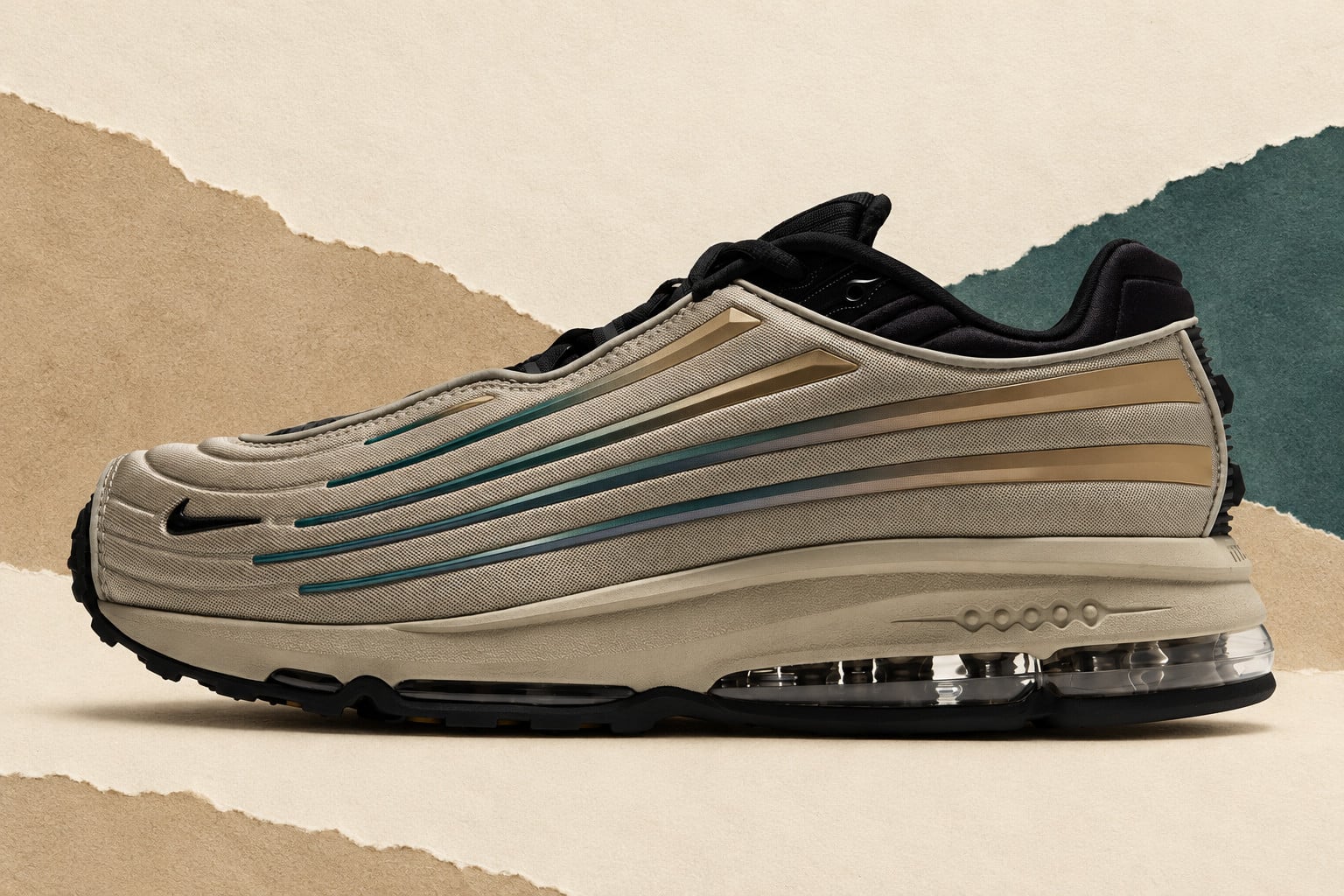 Lateral view on torn paper collage backdrop, khaki mesh upper with gold and teal, Nike Air Max Ecstasy Plus “Desert Khaki”