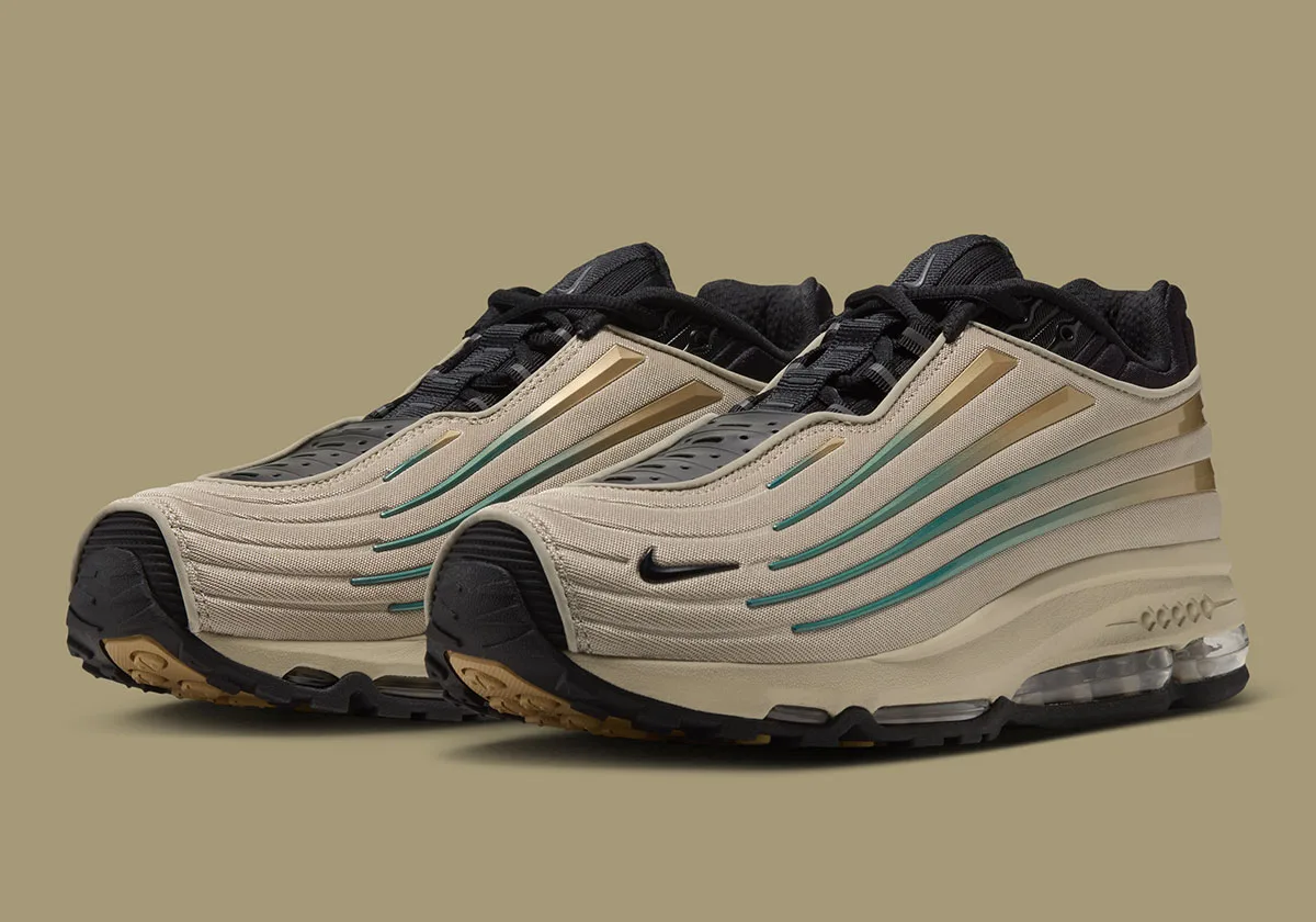 Pair at three-quarter angle on olive, khaki upper, black toe caps, teal and gold stripes, Desert Khaki