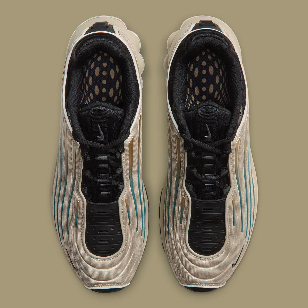 Top-down view of pair, black tongue and lining with khaki dot pattern, teal striped uppers, Desert Khaki