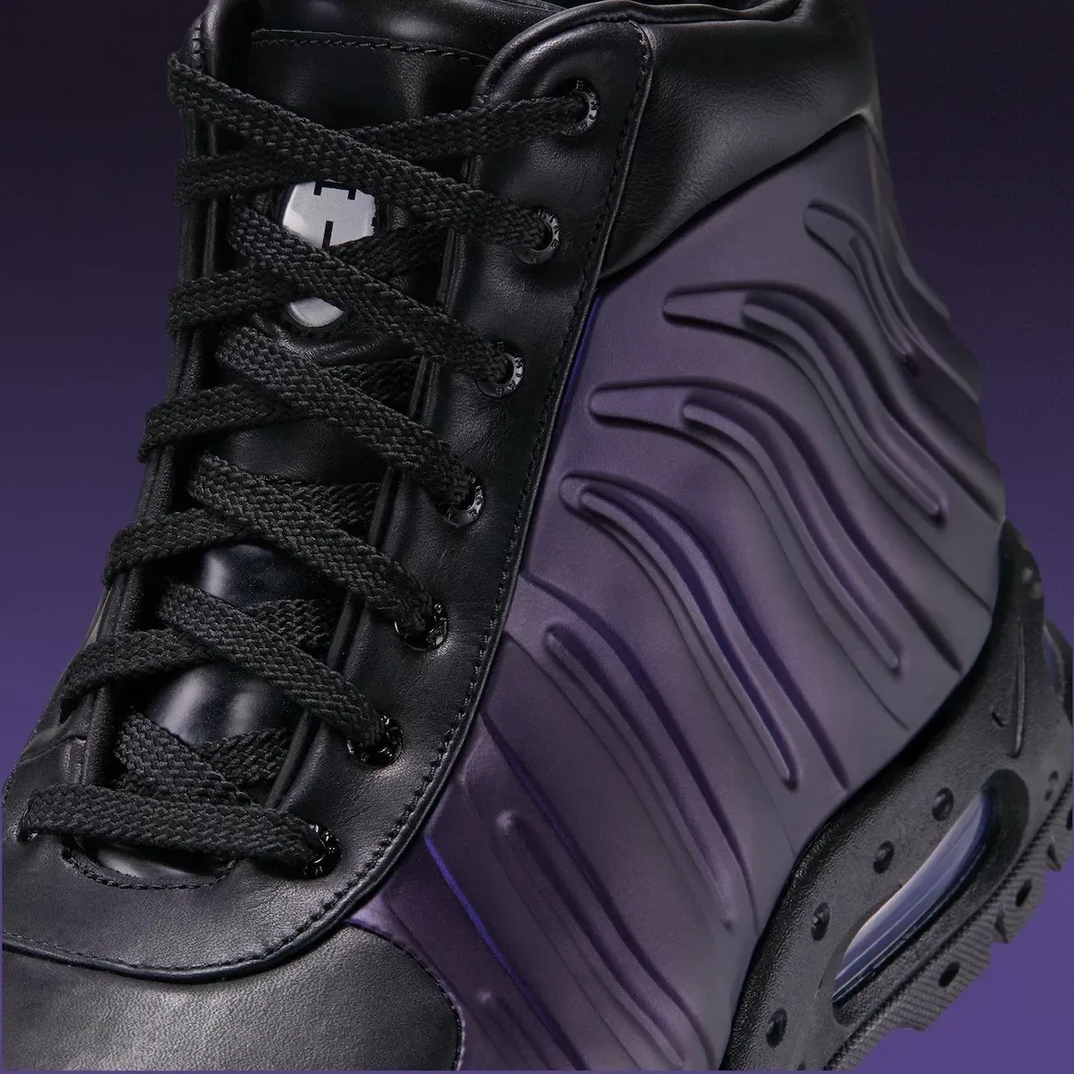 Detail of black laces and leather collar beside ribbed purple-black shell on a purple backdrop, Eggplant