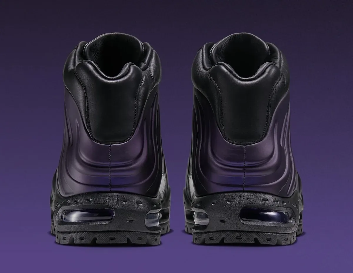 Heel view of pair: black leather collars, purple shell, clear air units in black heels, Eggplant