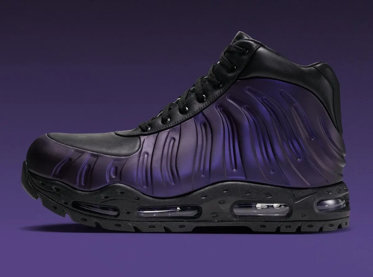 Lateral view of black leather boot with purple ribbed shell and visible air units, Eggplant