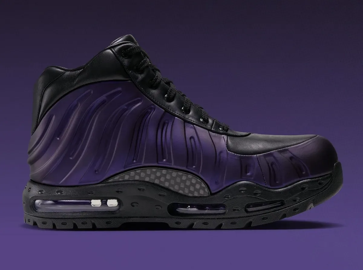Medial view of black boot with purple ribbed shell, carbon-style panel and air units, Eggplant