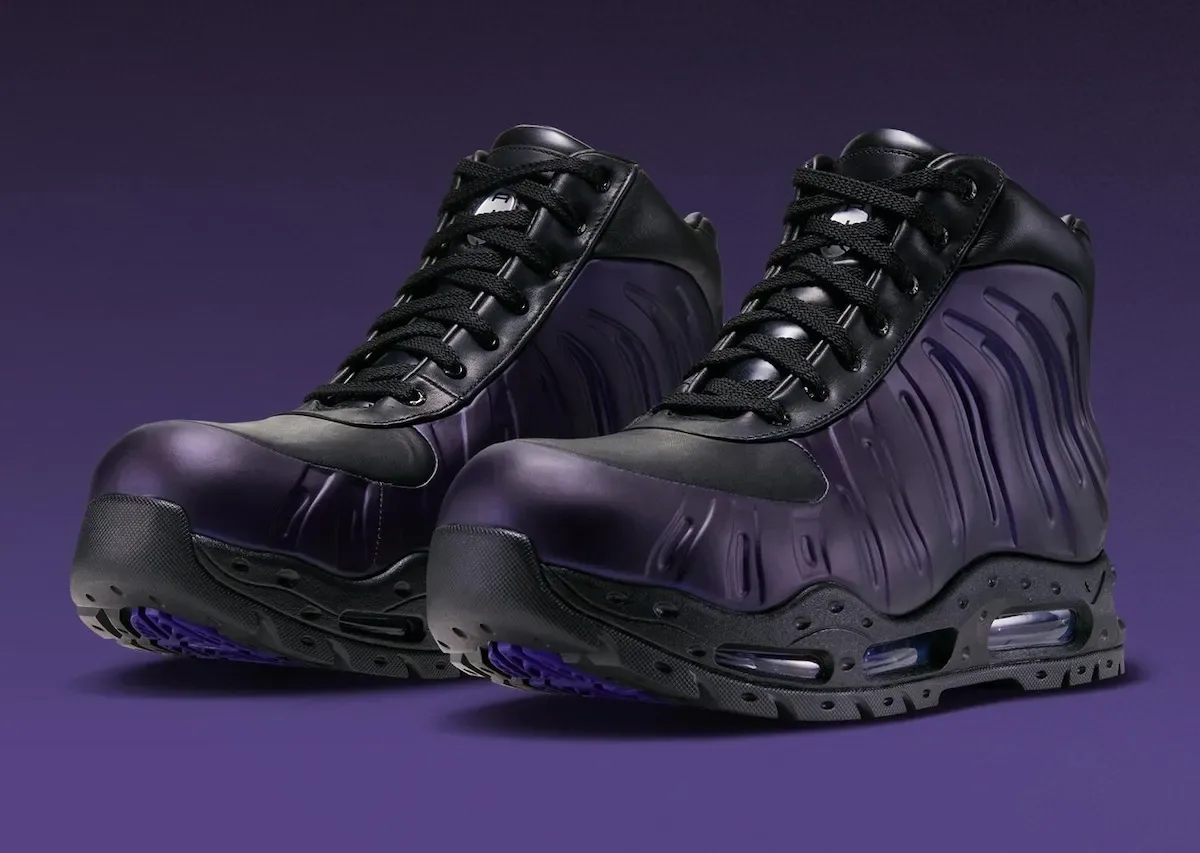 Pair, three-quarter front view, black laces, glossy purple-black shell, purple outsole visible, Eggplant