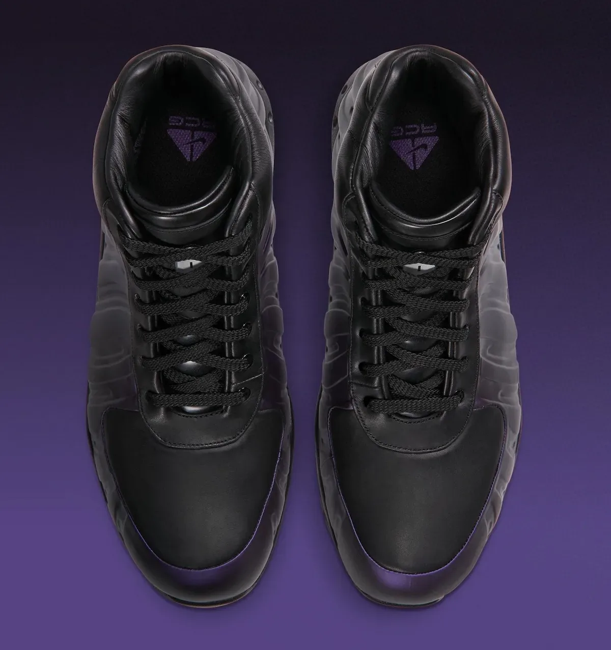 Top-down view of pair with black laces, black toe panels and purple logo on the tongue interior, Eggplant