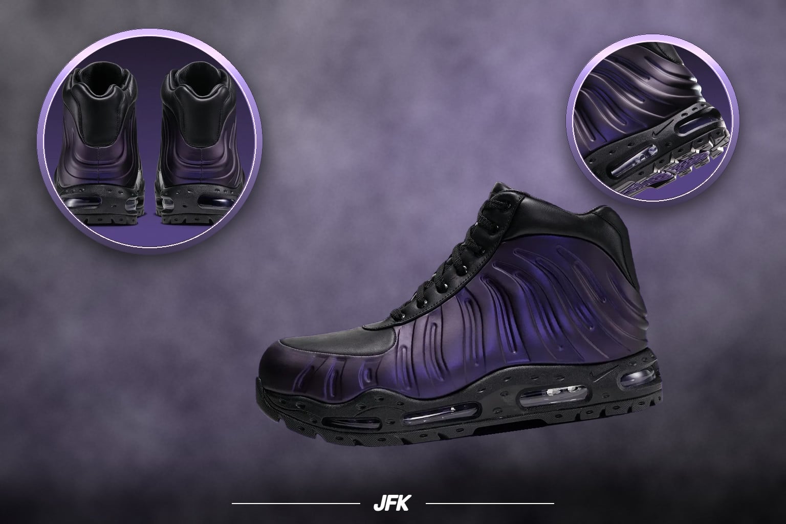 Collage on smoky purple backdrop: lateral boot with heel and sole detail circles, JFK logo, Nike Air Max Foamdome “Eggplant”