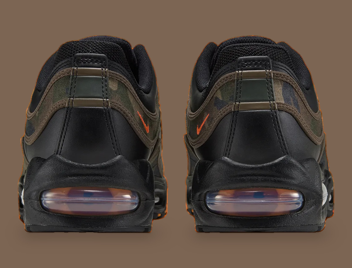 Heel view of pair with camouflage trim and tinted visible Air units, Camo
