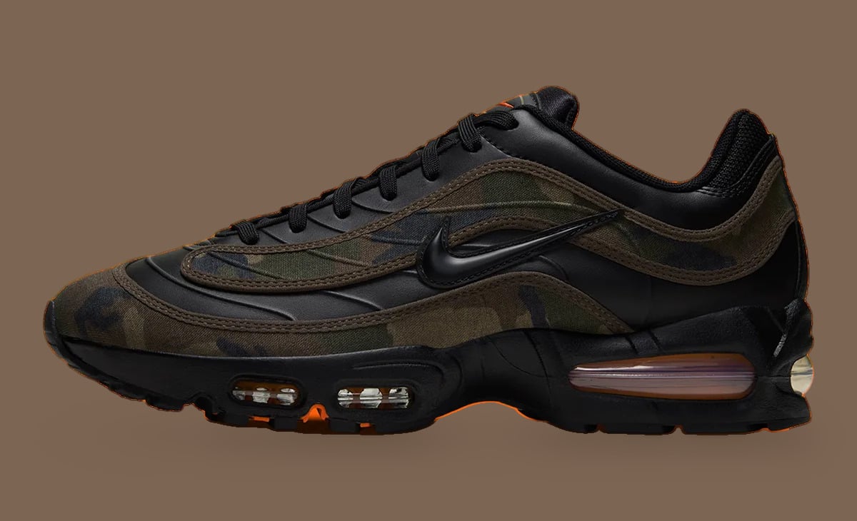 Lateral view with camouflage overlays and a glossy black Swoosh, Camo