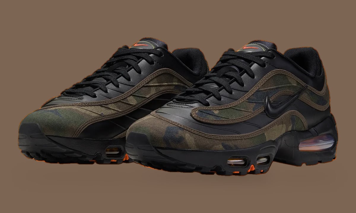 Pair in three-quarter view with black laces and orange tongue Swooshes, Camo