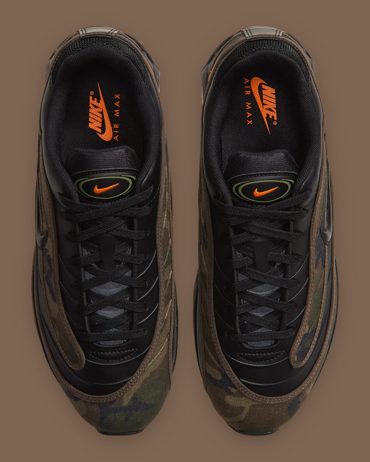 Top-down view of pair with black laces and orange Nike Air Max insole text, Camo