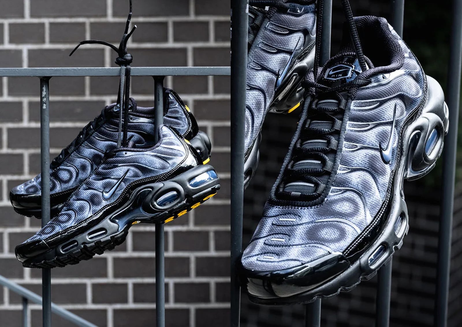 Two-panel collage of pair hanging from a railing by laces, brick wall, yellow outsole, Nike Air Max Plus “Black/Cool Grey”