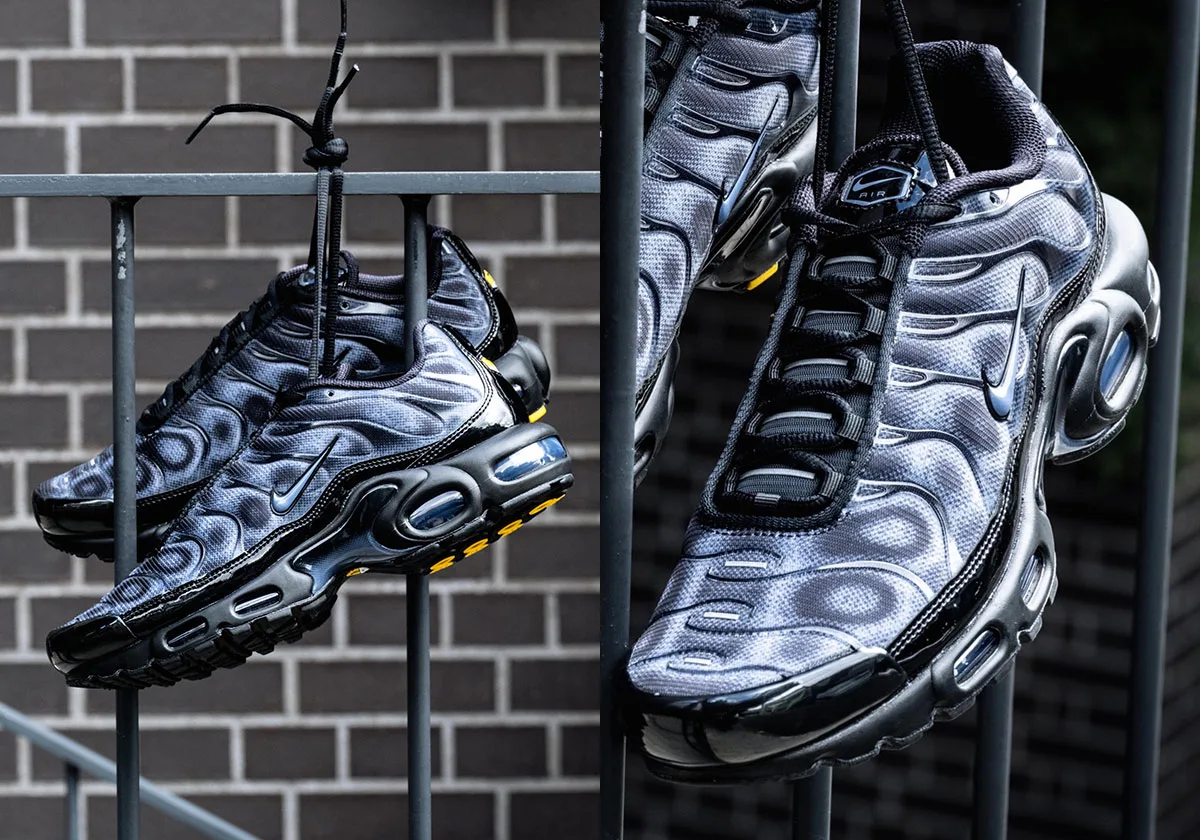Two-panel collage: lateral pair hanging on railing and angled toe view of blue-grey mesh, Black/Cool Grey