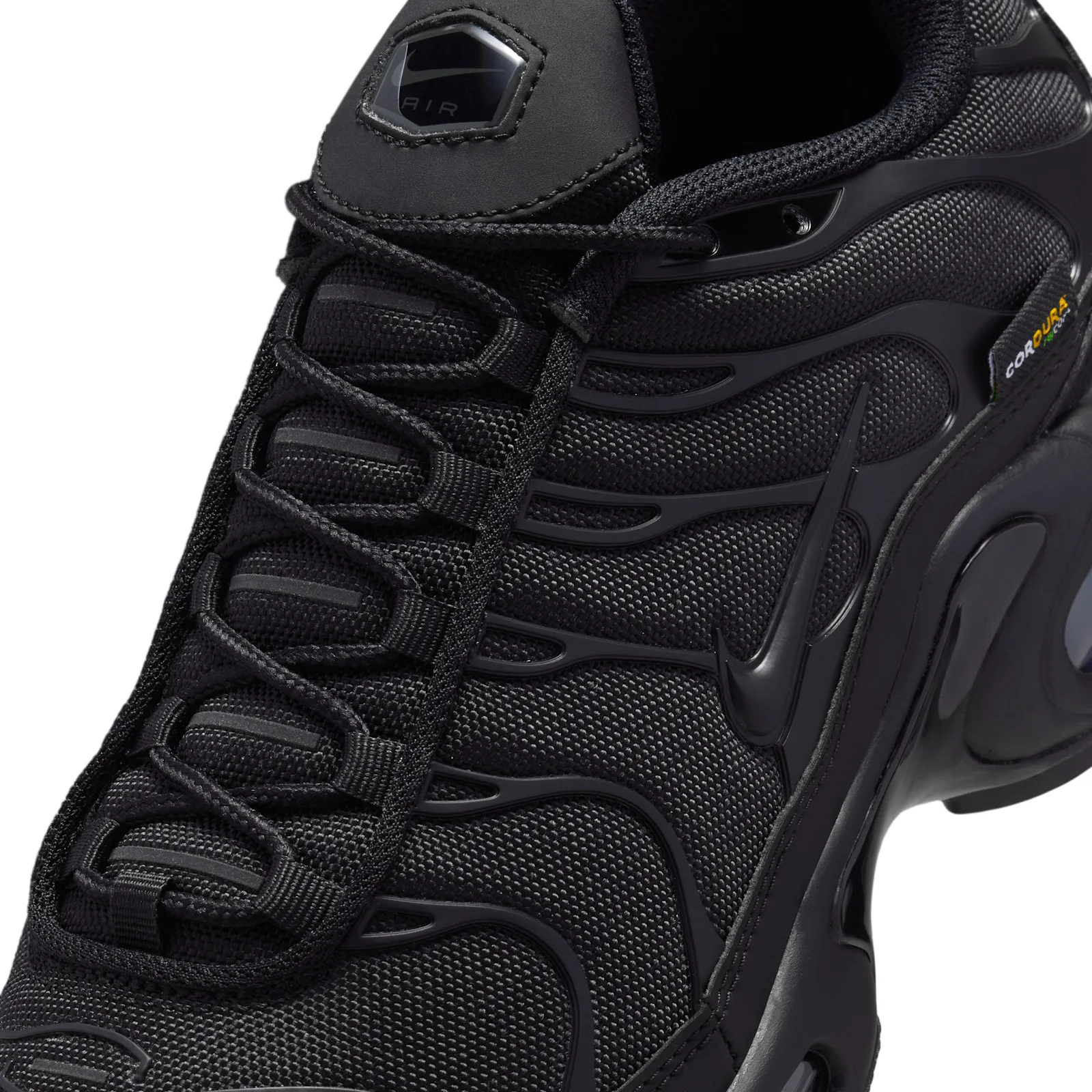 Detail of laced forefoot, black woven mesh, Cordura tag and Air logo on the tongue, Max Plus Cordura